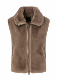 Rjava umetna kožušček brezrokavnik z visokim ovratnikom, zapiranjem na zadrgo spredaj in stranskimi žepi. Mehka tekstura in čist dizajn brez rokavov.