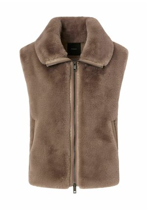 Braune Kunstpelzweste mit hohem Kragen, Reißverschluss vorne und Seitentaschen. Weiche Textur und klares Design ohne Ärmel.