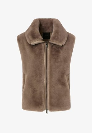Braune Kunstpelzweste mit hohem Kragen, Reißverschluss vorne und Seitentaschen. Weiche Textur und klares Design ohne Ärmel.