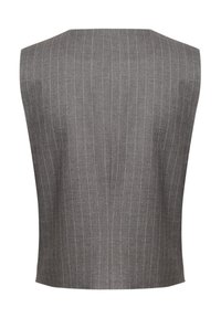 Graues ärmelloses Top mit einem Streifenmuster und hellblauen Akzenten. Der Stoff hat eine glatte Textur und eine taillierte Silhouette.