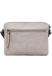 Gray leather crossbody bag featuring a textured finish, a zippered front pocket, and an adjustable strap. Compact rectangular shape.