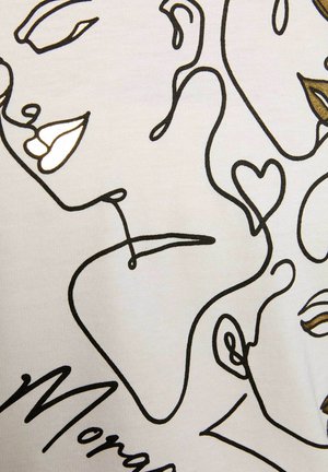 Arte astratta a linea continua di due volti con occhi chiusi, una forma a cuore e labbra stilizzate in nero su sfondo bianco.