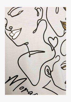 Arte astratta a linea continua di due volti con occhi chiusi, una forma a cuore e labbra stilizzate in nero su sfondo bianco.