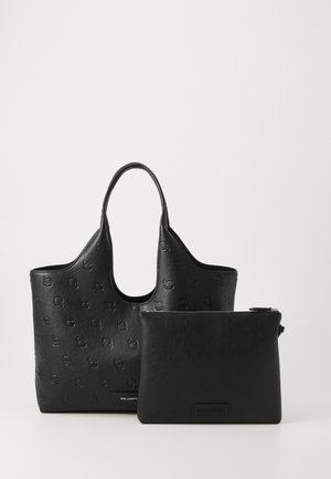 Black leather tote bag with embossed pattern, featuring two handles and a matching zippered pouch, smooth texture and minimalist design.
