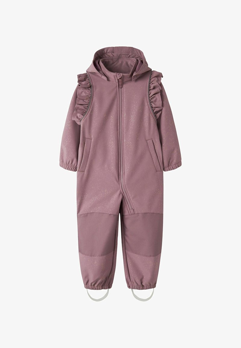 Combinaison imperméable mauve pour enfants avec capuche, fermeture éclair devant, détails à volants aux épaules, poignets élastiques, genoux renforcés, poches et sangles aux pieds.