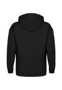 Svart hoodie med en stor, rund huva. Har långa ärmar och en rak nederkant. Tillverkad av mjukt, texturerat tyg utan synliga logotyper.