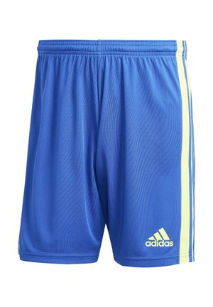 Blaue Sportkurze aus leichtem Material mit elastischem Taillenbund, ausgestattet mit gelben Streifen an den Seiten und einem Adidas-Logo.