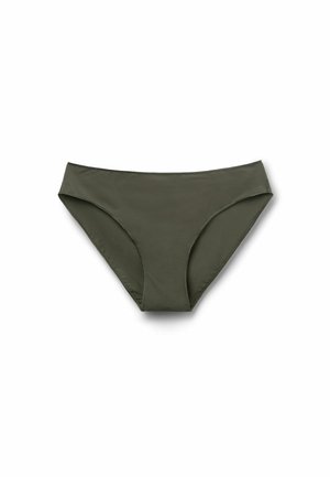 Dół od bikini w ciemnozielonym kolorze, wykonany z gładkiej, lekkiej tkaniny, o klasycznym kroju i minimalistycznym designie. Bez wzorów i zdobień.