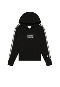 Sweatshirt à capuche noire avec patch logo blanc, bandes latérales contrastantes, poignets côtelés et coupe décontractée. Fabriqué en tissu doux.