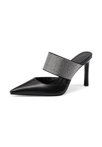 Scarpe con tacco alto nere a punta con una larga fascia decorata con strass sulla parte anteriore e un elegante tacco a stiletto.