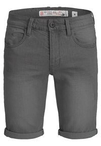 Pantalones cortos de mezclilla gris, que presentan un diseño clásico con dobladillos enrollados, estilo de cinco bolsillos y cierre de botón. Tejido texturizado, de peso medio.