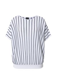 Blouse blanche à manches courtes avec des rayures verticales noires, encolure ronde et taille froncée.