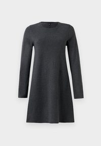 Robe tricotée A-line à manches longues gris foncé avec un col rond, présentée sur fond blanc.