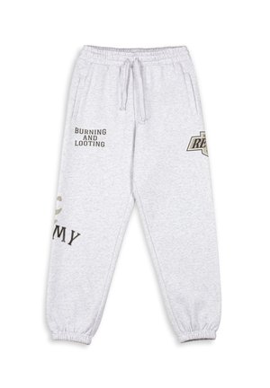 Gray cotton jogger pants with elastic waistband, featuring printed text "Burning AND Looting" and logos in black and white.