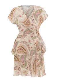 Blumenkleid in cremefarbenem Stoff mit paisley- und floralen Mustern in grün, pink und braun, mit Flatterärmeln und einem taillierten Gürtel.