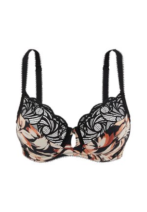 Soutien-gorge noir à motif floral avec dentelle, support à armatures, détail clé découpé au centre et bretelles réglables.