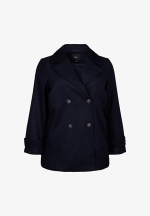 Granatowy, podwójnie zapinany płaszcz z mieszanki wełny z szerokimi klapami, guzikami z przodu i zwiniętymi mankietami. Miękka tekstura i dopasowany krój.