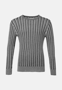 Maglione grigio a maniche lunghe con righe verticali grigie scure, polsini a coste, orlo e scollatura rotonda su sfondo uniforme.