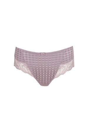 Mutandine con schiena in pizzo color malva con motivo a quadri. Presentano un delicato fiocco sul davanti e una texture morbida per il massimo comfort.