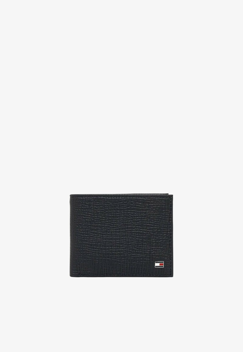 Black textured wallet with a bi-fold design, featuring visible stitching and a small logo accent on the bottom right corner.