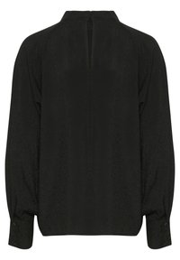Blusa nera con colletto alto, maniche lunghe a sbuffo e chiusura con bottone al centro sul retro. Tessuto testurizzato con un motivo sottile.