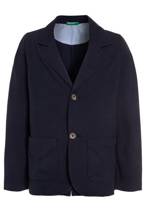 Granatowa marynarka wykonana z teksturowanej tkaniny, z wykładanym kołnierzem, dwiema przednimi kieszeniami i dwoma brązowymi guzikami. Paskowane wykończenie widoczne przy kołnierzu.