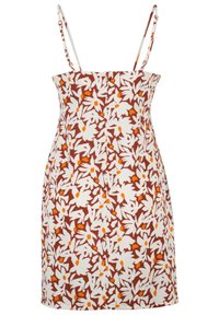 Sleeveless mini dress with thin straps, featuring a brown, white, and orange floral pattern.
