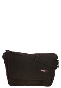 Borsa messenger Eastpak nera con tracolla regolabile, pattina pieghevole e patch con logo. Realizzata in tessuto resistente con una texture liscia.