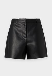 Black leather shorts with a smooth texture, featuring a fitted waistband, front seam detail, and side slits for added style.