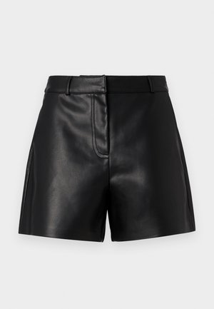 Black leather shorts with a smooth texture, featuring a fitted waistband, front seam detail, and side slits for added style.