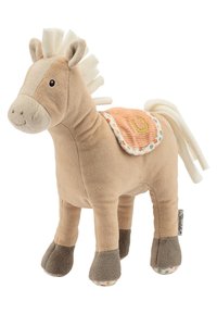 Plush horse with a beige body, fluffy white mane, and gray hooves. Features a pink saddle with floral accents and a horseshoe design.