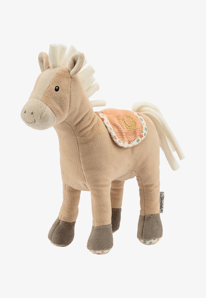 Plush horse with a beige body, fluffy white mane, and gray hooves. Features a pink saddle with floral accents and a horseshoe design.