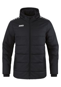 Giacca nera imbottita con zip frontale, colletto alto e cappuccio regolabile. Presenta tasche laterali, polsini elasticizzati e logo JAKO sul petto.