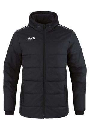 Black padded jacket with a zip front, high collar, and adjustable hood. Features side pockets, elastic cuffs, and JAKO logo on chest.