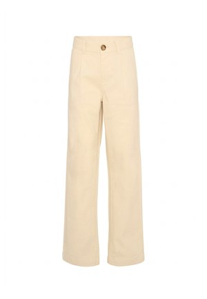 Pantaloni beige a vita alta e gambe larghe con chiusura a bottone, passanti per cintura e pieghe frontali, mostrati su sfondo bianco.