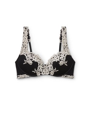 Zwarte beha met beige bloemenkant overlay op cups, bandjes en band, met beugel en verstelbare schouderbandjes.