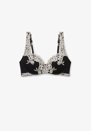 Czarny biustonosz z beżową kwiatową koronką na miseczkach, ramiączkach i opasce, z fiszbinami i regulowanymi ramiączkami.