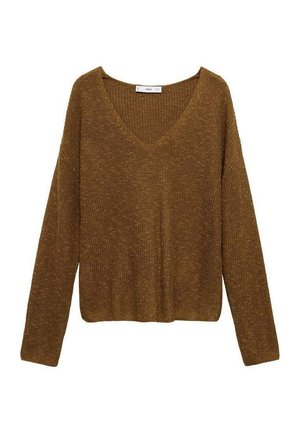 Ruskea neulepusero, jossa on V-neck, pitkät hihat ja rento istuvuus. Kankaan rakenne on pehmeä ja hengittävä, sopii kerroksittain käytettäväksi.