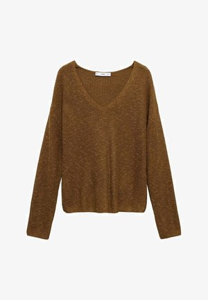 Pulover tricotat maro, cu guler în V, mâneci lungi și o croială lejeră. Textura este moale și respirabilă, potrivită pentru stratificare.