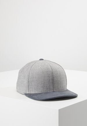 Gray cap with a textured crown and a darker gray, smooth brim. Features six ventilation holes and a button on top.