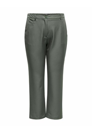 Temno sive hlače z ravnimi hlačnicami, z gumbnim zapiranjem, zankami za pas in stranskimi žepi, prikazane na belem ozadju.