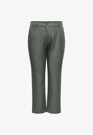 Mørkegrå bukser med rette ben, knappelukking, beltestropper og sidelommer, vist mot en hvit bakgrunn.