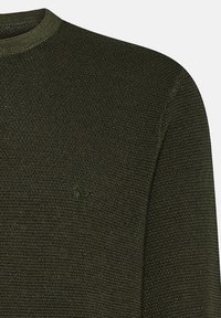 Maglione verde scuro con un motivo in maglia testurizzato, caratterizzato da un colletto a girocollo a coste e un piccolo logo in rilievo sul petto.