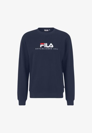 Marineblå sweatshirt lavet af bomuldsblanding, med rund hals, lange ærmer og et hvidt og rødt broderet FILA-logo med "ETABLERT 1911."