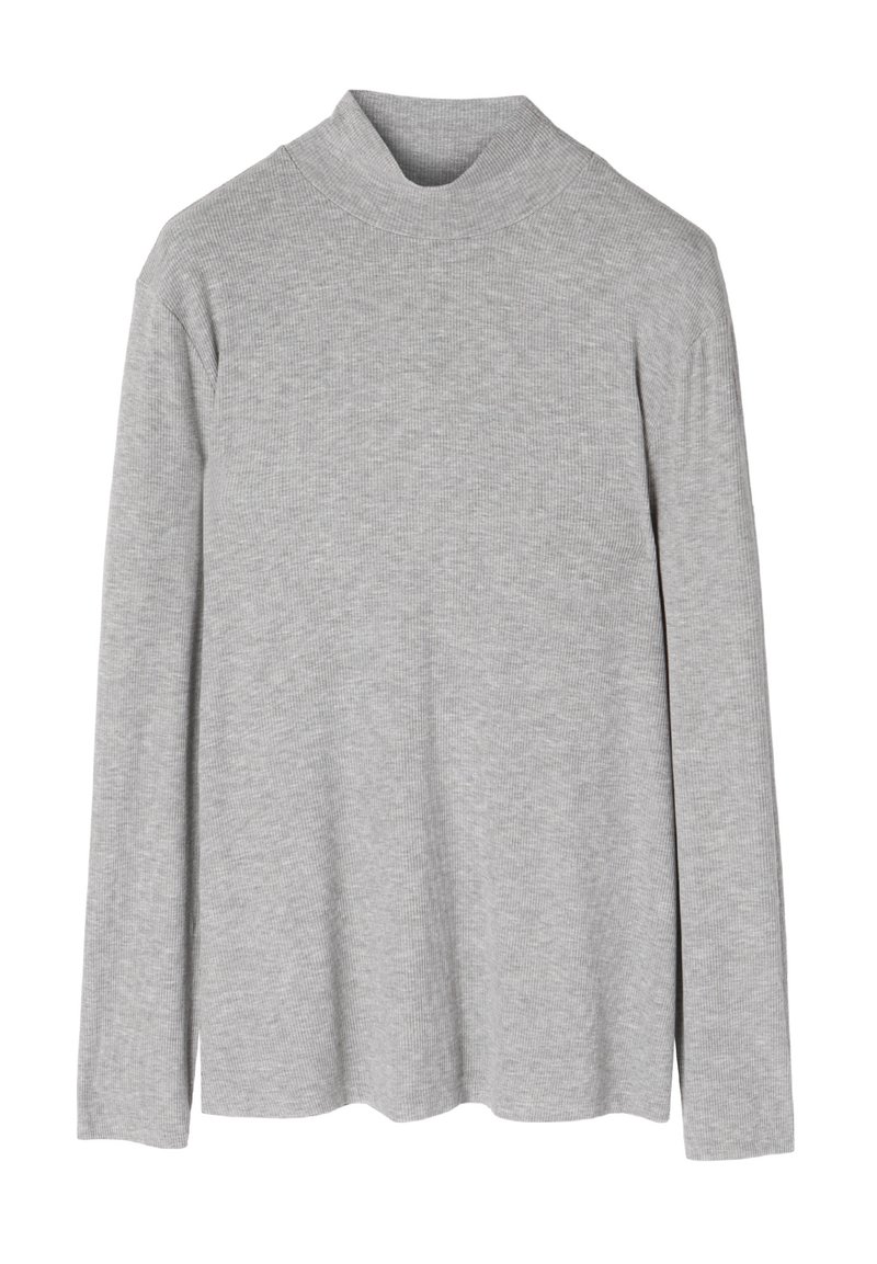Grauer gerippter Rollkragenpullover mit langen Ärmeln, der eine weiche Textur und eine enge Passform am Hals hat.