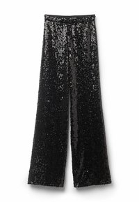 Pantalons larges noirs recouverts de sequins, avec une ceinture lisse et une texture fluide et brillante, adaptés aux occasions formelles.