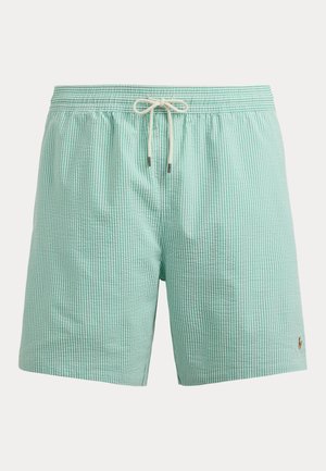 Svetlozelené a biele pruhované plavkové šortky s elastickým pásom a bielou sťahovacou šnúrkou, s malým vyšívaným logom pri leme.