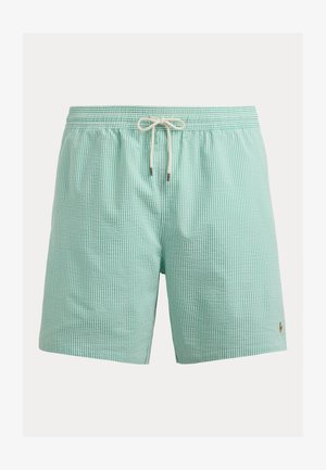 Lysegrønne og hvite stripete badebukser med elastisk midje og hvit snor, med en liten brodert logo nær kanten.