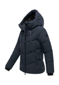 Donkerblauwe gewatteerde winterjas met capuchon, voorrits, ritszakken aan de zijkanten en geribbelde manchetten op de mouwen.