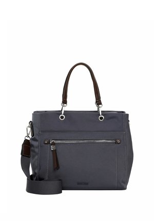 Bolso de mano gris oscuro con asas de cuero marrón, bolsillo delantero con cremallera, correa de hombro desmontable y detalles de herrajes plateados.